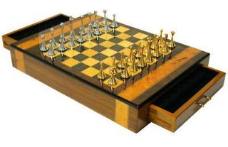 GLOSS WALNUT INLAY WOOD WOODEN CHESS BOARD GAME SET METAL WITH DRAWER