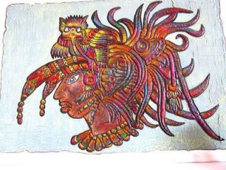 Tribal 3D MAYAN OWL GOD WARRIOR Textured RELIEF PAINTING Wall Art