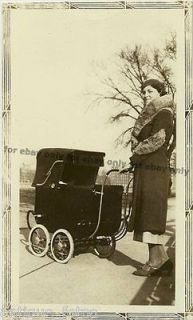 Old Photo Wealthy Woman Fur Coat & Luxury Baby Stroller Pram 1920s