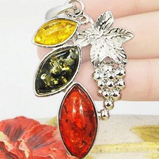 LEAVES GRAPE GOLDEN YELLOW GREEN RED PRESSED BALTIC AMBER PENDANT PY59