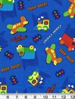 BTHY Quilting Quilt Fabric Baby Beep Beep Blue Airplane Train Fire