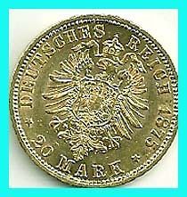 GERMANY   1875  A   GOLD 20 MARK   PREUSSEN  UNCIRCULATED PROOF LIKE