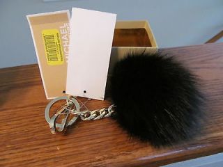 Authentic Michael Kors Black Fox Fur Ball Pom Pom Key Ring Fob Charm