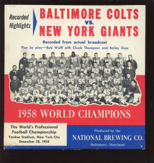 Brewing Co. Record & Jacket 1958 Championship Game Colts vs Giants