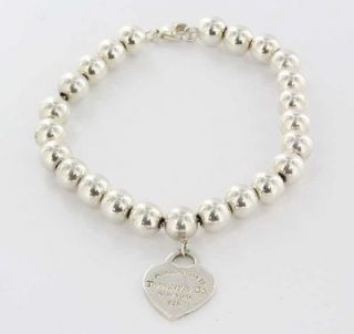 Designer Tiffany & Co Sterling Silver Bead Heart Charm Bracelet Used
