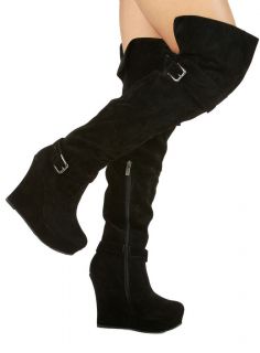 NEW Bamboo Charli 09 Black Suede Over The Knee Wedge Closed toe Boots