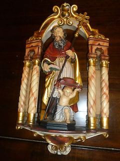 Toni Baur Wood Carving   Saint   Shrine Included   Reds, Gold   Full