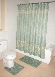 Damask Pattern Bathroom Shower Curtain Bath Contour Rug 15 Pc Set