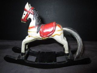 ANTIQUE WOOD ROCKING HORSE DOLL HOUSE NURSERY REAL HAIR TAIL LEATHER