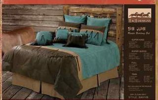 Lodge Brown Turquoise Tooled Fringed Concho Comforter Bedding Set