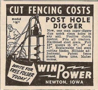 1954 WINPOWER TRACTOR FENCE POST HOLE DIGGER AD NEWTON IA IOWA