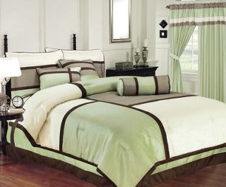 Faux Silk Sage Brown Beige Patchwork Comforter Set Bed in a Bag Full