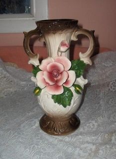 Vintage Capodimonte Porcelain Handled Urn Vase Pink Roses Italy
