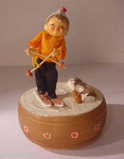 Vintage ANRI Carved Wood Musical Figurine Boy Skiing Signed