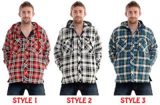 Mens Boys Hooded Padded Quilted Lumberjack Check Flannel Ski Work