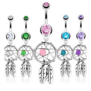 GEM STAR & FEATHERS BELLY NAVEL RING CZ BUTTON PIERCING JEWELRY B47