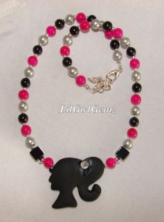 Girls black bling barbie head clay necklace boutique custom