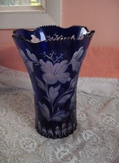 Vintage Bohemian Cobalt Blue Lead Crystal Art Cut Glass Flared Vase