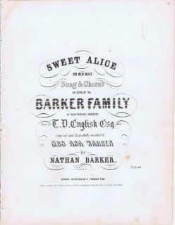 Sweet Alice or Ben Bolt, Barker Family, 1850, sheet mus