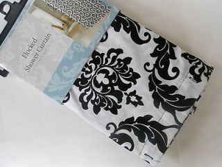 FLOCKED Black & White DAMASK Fabric SHOWER CURTAIN New by Victoria