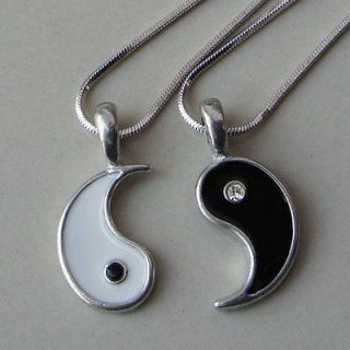 Yin Yang Love Best Friend Black/Clear Crystal Silver Pewter Pendant