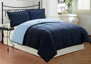 Soft Down Alternative Reversible Comforter Set Queen Size Navy Blue
