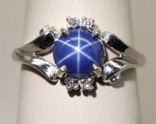 65 Carat Azure Blue Star Sapphire & Diamond Accent 14K Gold Ring