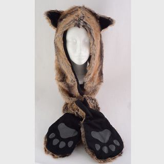 Gray Wolf Animal Faux Fur Hood with Paws and Mittens Ski Winter Snow