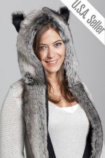 Gray Wolf Animal Faux Fur Hood with Paws and Mittens Ski Winter Snow