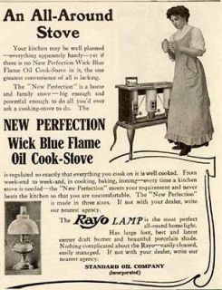1908 AD FOR NEW PERFECTION OIL COOK STOVES & RAYO LAMPS