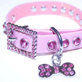 Pink Leather, Rhinestone Dog Collar w/ Bling Dog Bone Charm