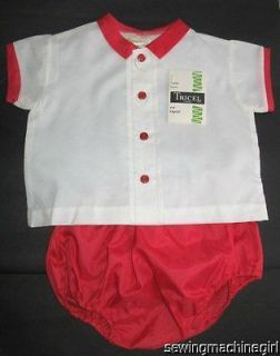 VINTAGE 1960s CUTE BABY BOYS SHIRT AND BLOOMER SET RED AND WHITE NWT