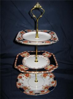 CHINA 3 TIER MINI CAKE STAND SQUARE RUSTY BROWN / COBALT BLUE MIXED