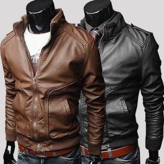 Brown/Black High Collar Mens PU Leather Bomber Jackets 