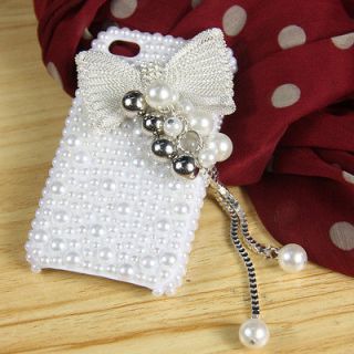 White Tassel Diamond Bow Pearl Hard Case Cover For iPhone 5 5S 5G