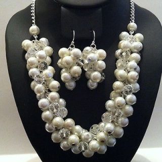 Ivory Pearl Cluster Chunky Beaded Bridal Jewelry Necklace Earring