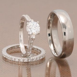 Hers 3 pcs Mens Womens Titanium Sterling Silver CZ Wedding Ring Set