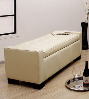 NEW 50L DURABLE CREME TUFTED ANILINE LEATHER BENCH WITH STORAGE AND