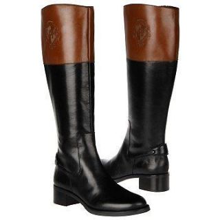Etienne AIGNER COSTA ICONIC RARE BLACK BROWN LOGO TALL RIDING BOOTS