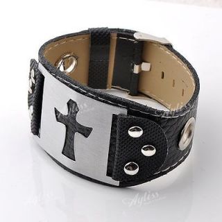 Surfer PU Leather Christian Cross Pattern Wristband Bracelet Cuff