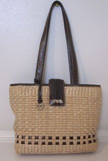 BRIGHTON natural STRAW w/brown LEATHER large shoulderbag PURSE TOTE