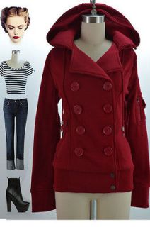 Comfy CHIC RED Double Breasted BOMBER Pea Coat Jacket with HOOD