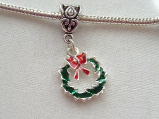 Christmas Wreath Red Bow Charm fit European Bracelet