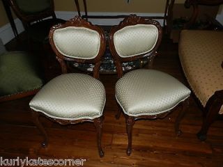 FINEST PAIR OF ANTIQUE PARLOUR CHAIRS W/ CARVED DETAIL & DESIGNER