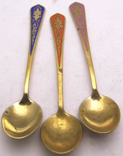 Vintage Thai Brass Spoons Set of 3 Enamel Orange Blue Purple Thailand