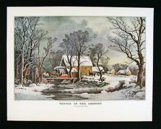 Currier & Ives Print   Winter in the Country Old Grist Mill   Snow