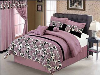 7Pcs Cal King Purple and Black Dahlia Comforter Set