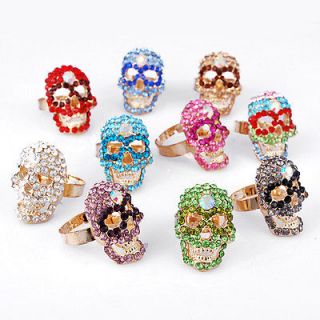 10 Colors Choose Fashion Jeweled Skull Head Crystal Gold Plated Finger