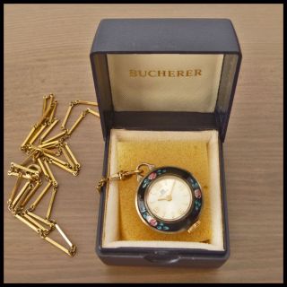BUCHERER [Swiss] Vintage Pendant HW Enamel Watch Boxed 