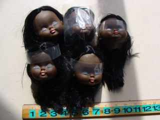 Lot of 5 African American Black Girl Vinyl Doll Heads w/Long Hair